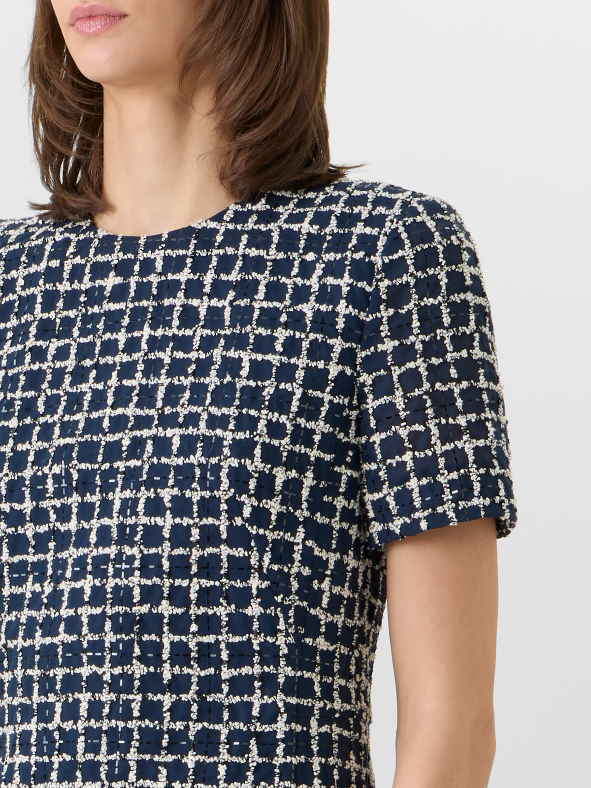 Designer Short-Sleeve Tweed Check Sheath Dress - blue 