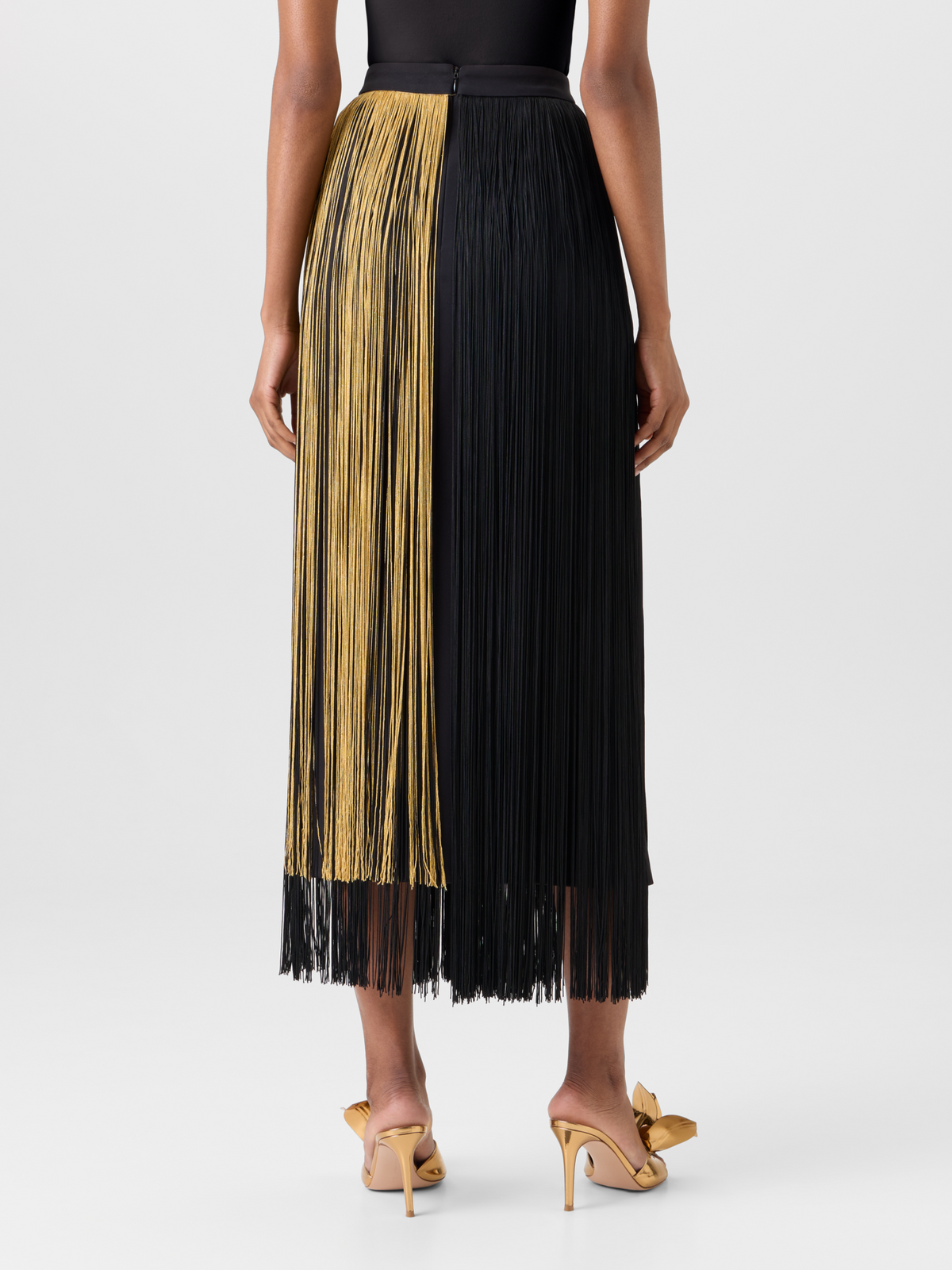 Designer Silk Pencil Skirt with Oro Lienzo Fringes - black - gold - multicolor #editorial