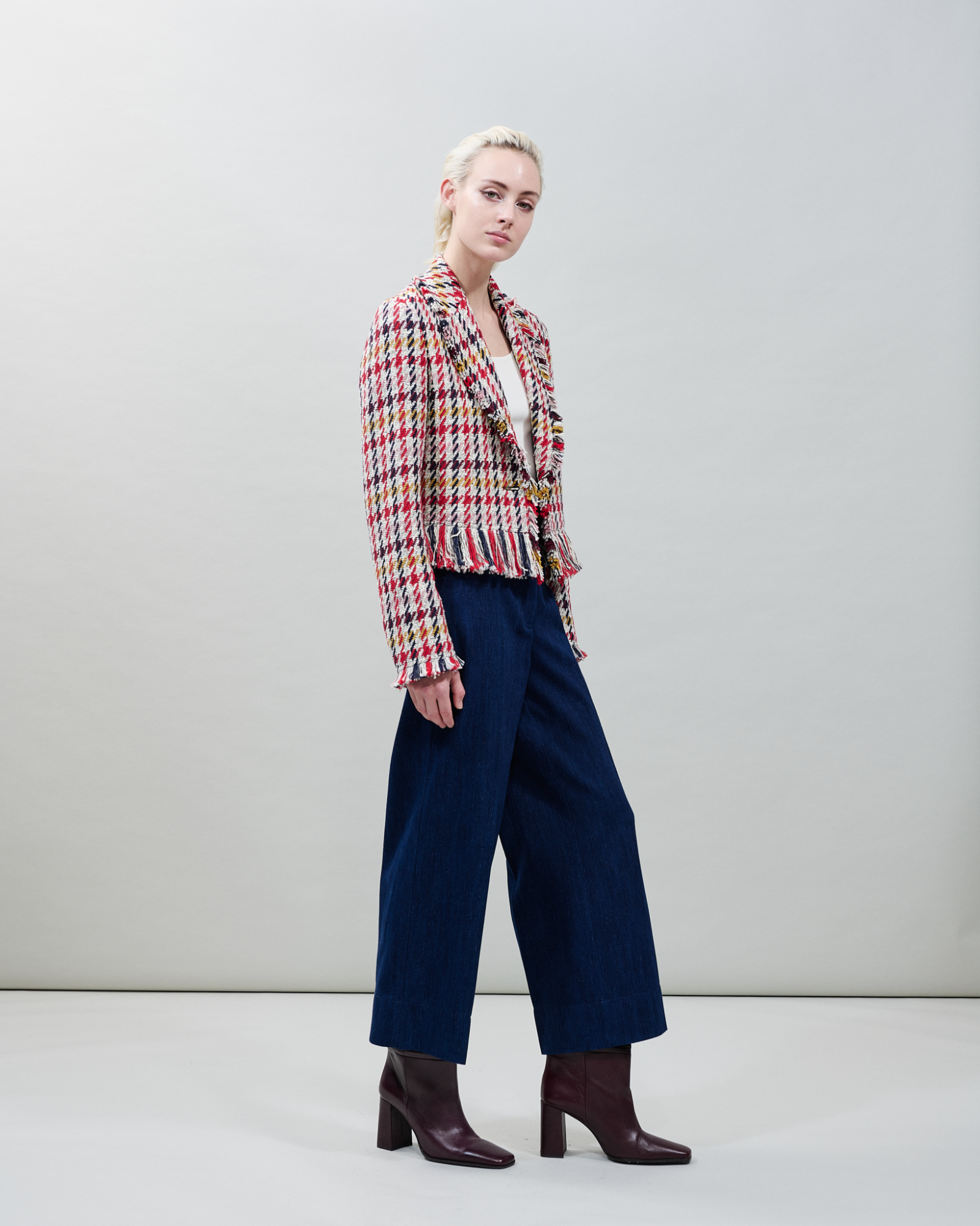 Designer Short Tweed Jacket with Fringes - multicolor - red 