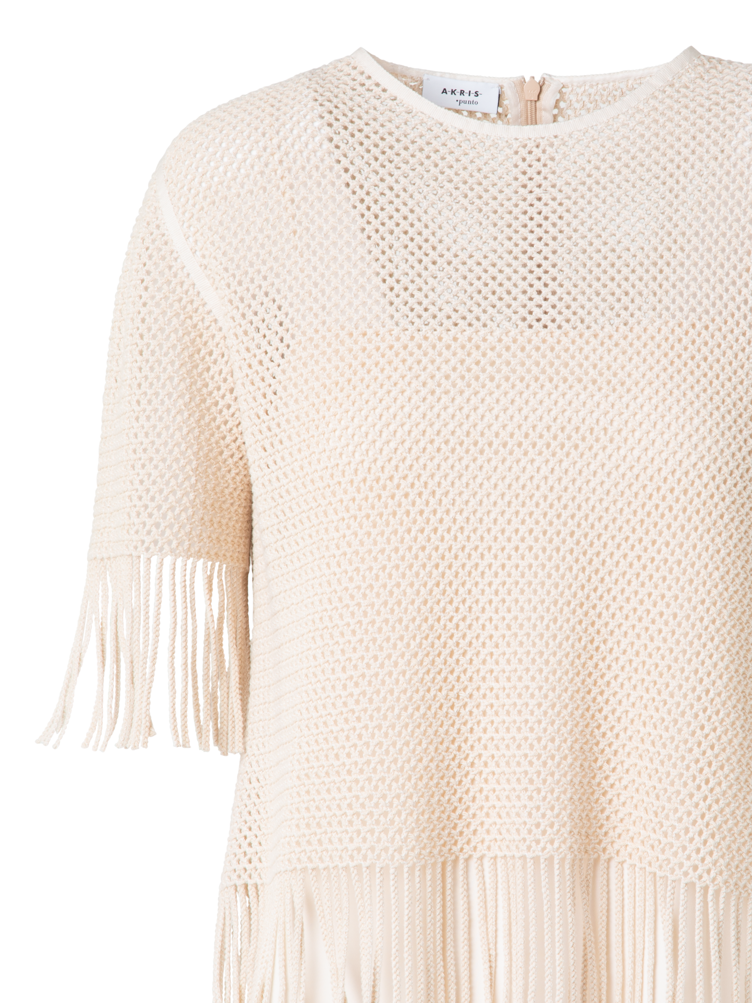 Designer T-Shirt in Cotton Mesh wth Fringes - neutral - pastel - beige
