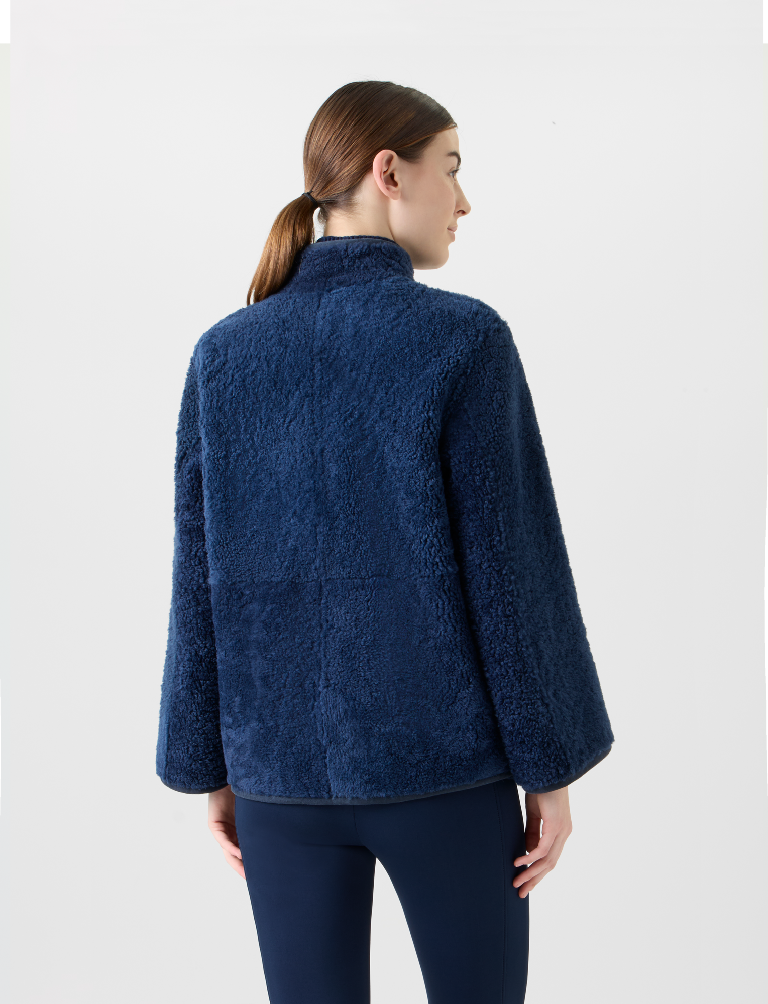Designer Reversible Shearling Mock Neck Jacket - neutral - navy - blue 