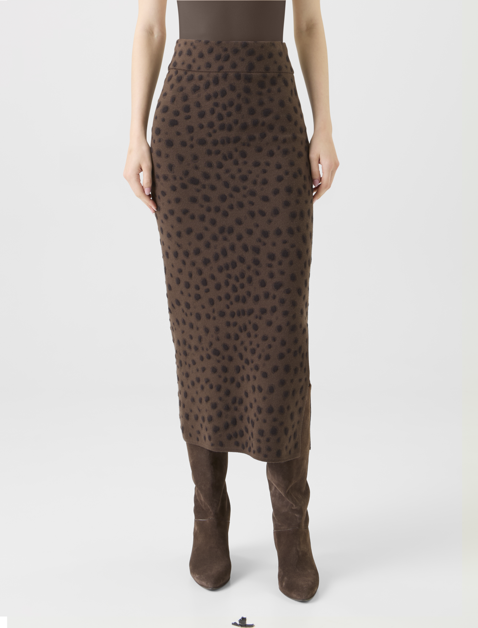 Designer Merino Wool Knit Tube Skirt in Leopard Jacquard - neutral - brown 