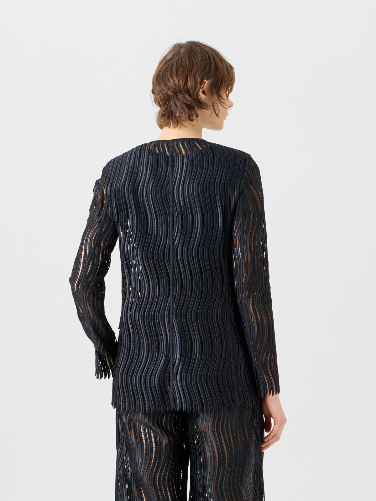 Designer Hekka Long Sheer Wave Guipure Jacket - black