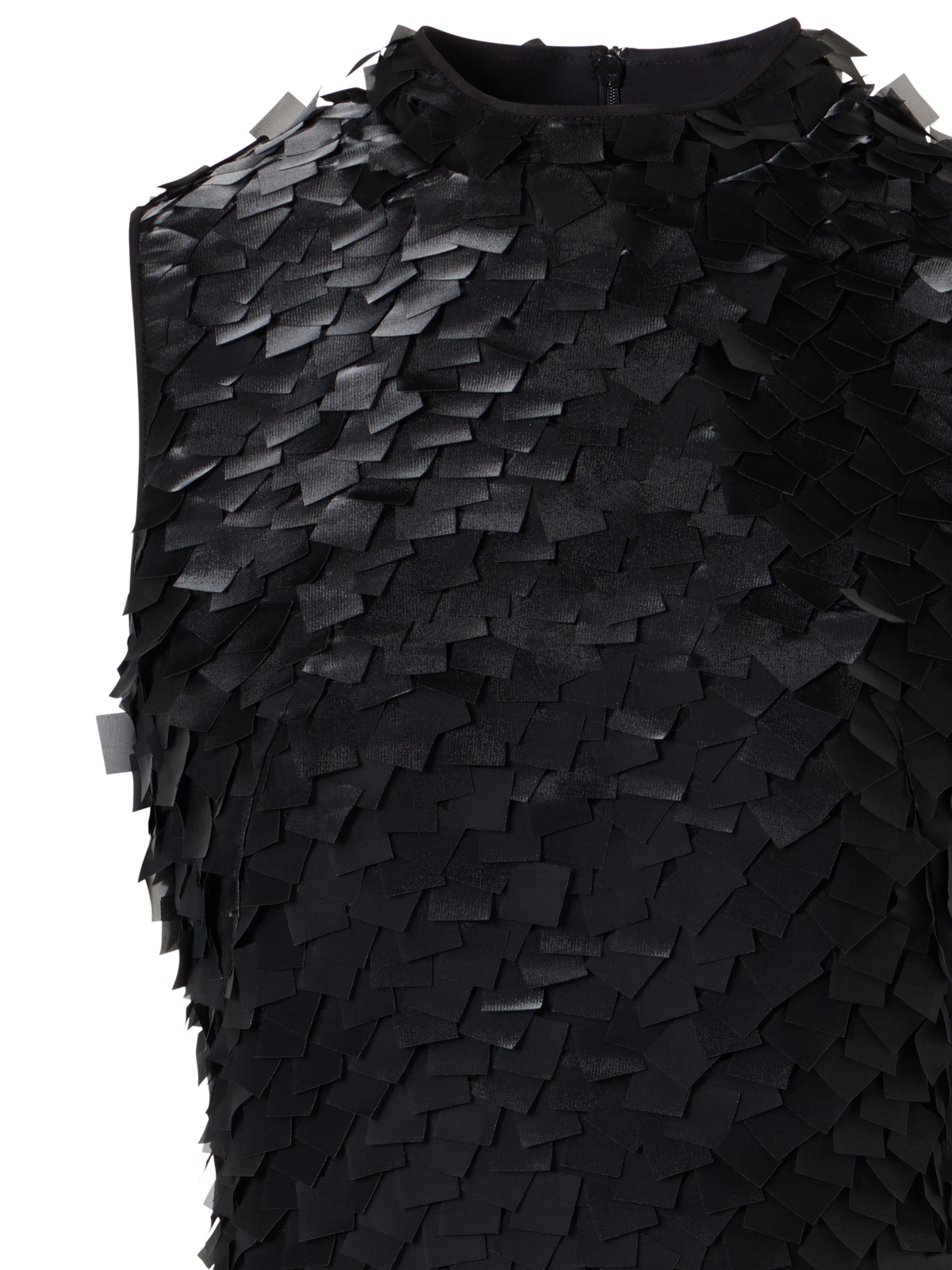 Designer Sleeveless Sheath Dress in Layered Organza Tiles - black
