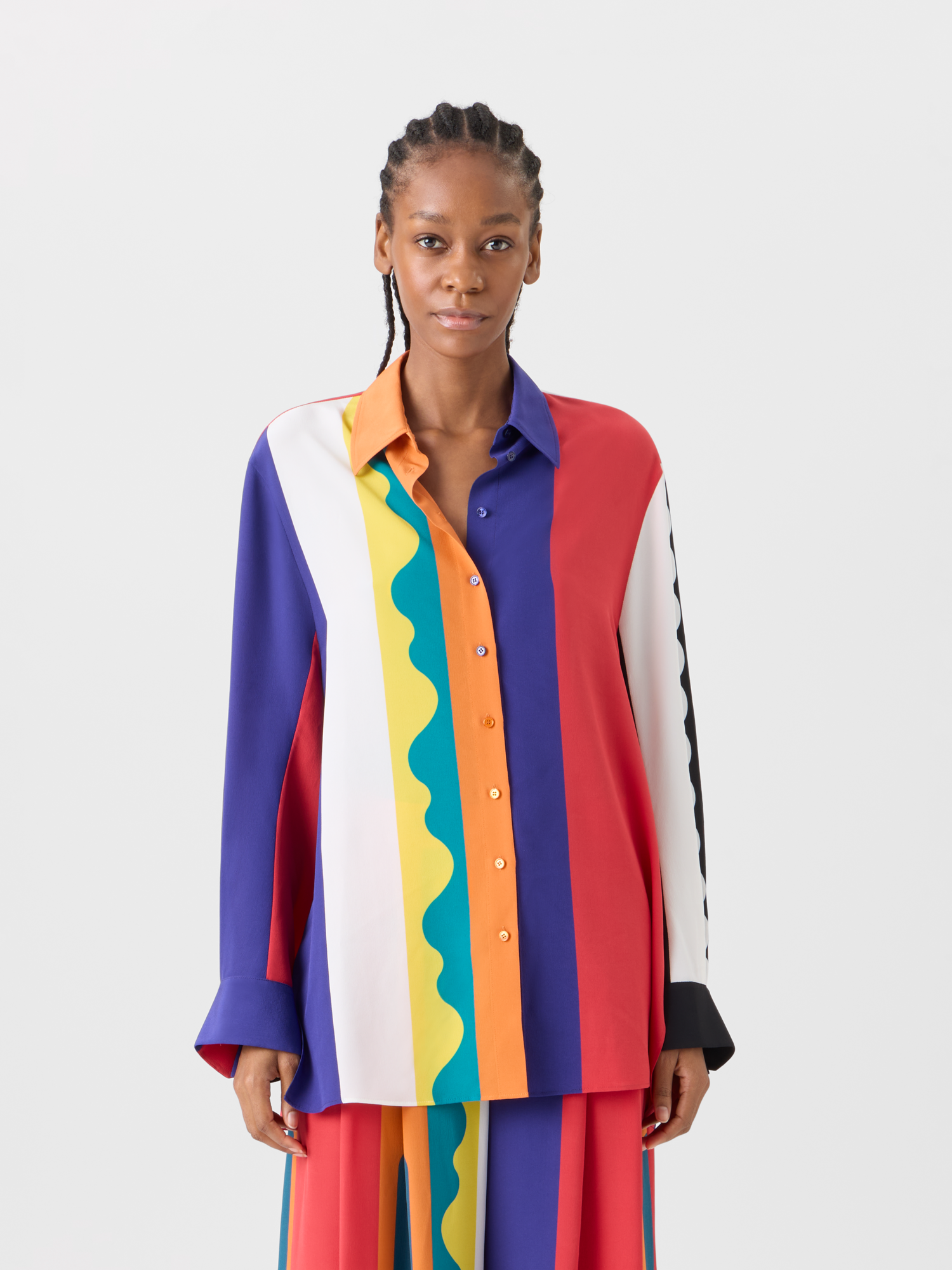 Designer Oversize Silk Blouse with Paravent Print - multicolor 