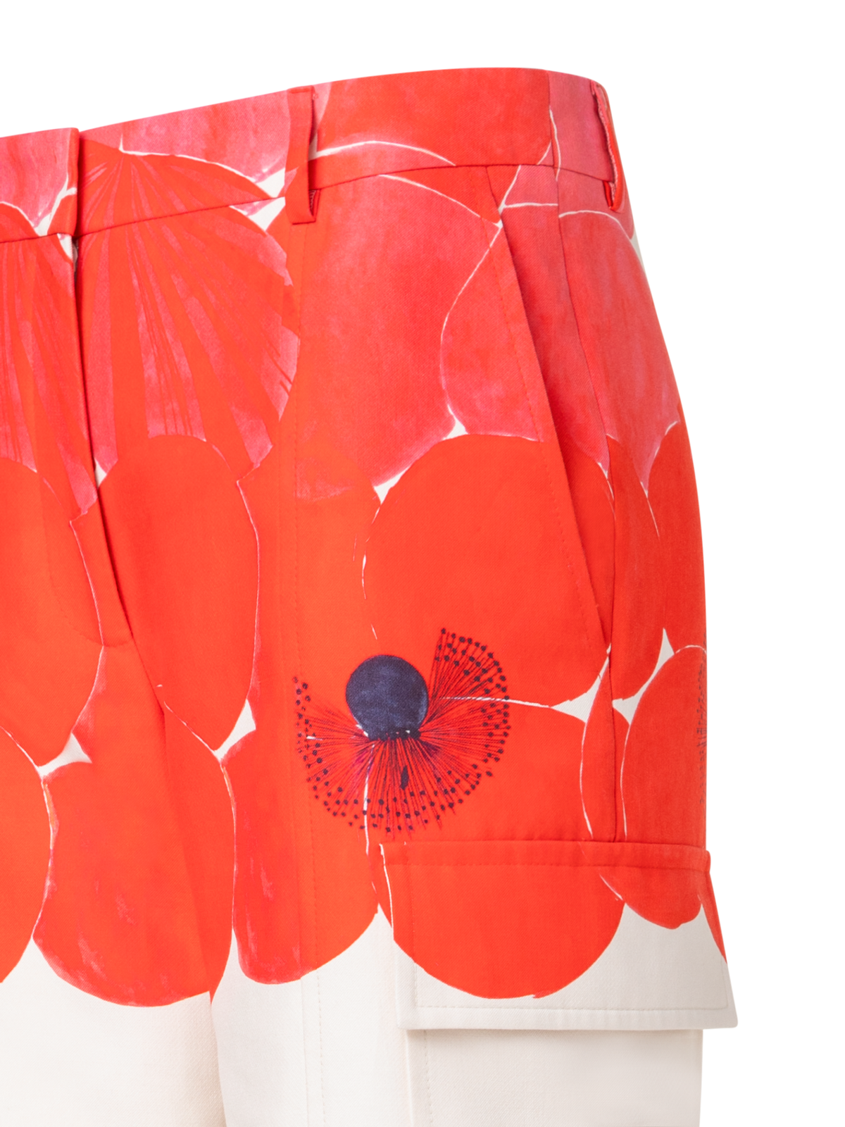 Designer Straight Cotton Silk Cargo Pants with Poppy Print - multicolor - ecru - red - white