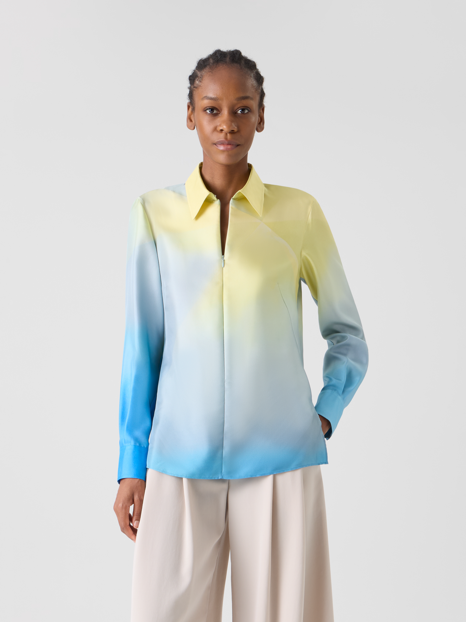 Designer Silk Twill Tunic Blouse with Sunbeam Print - blue - multicolor 