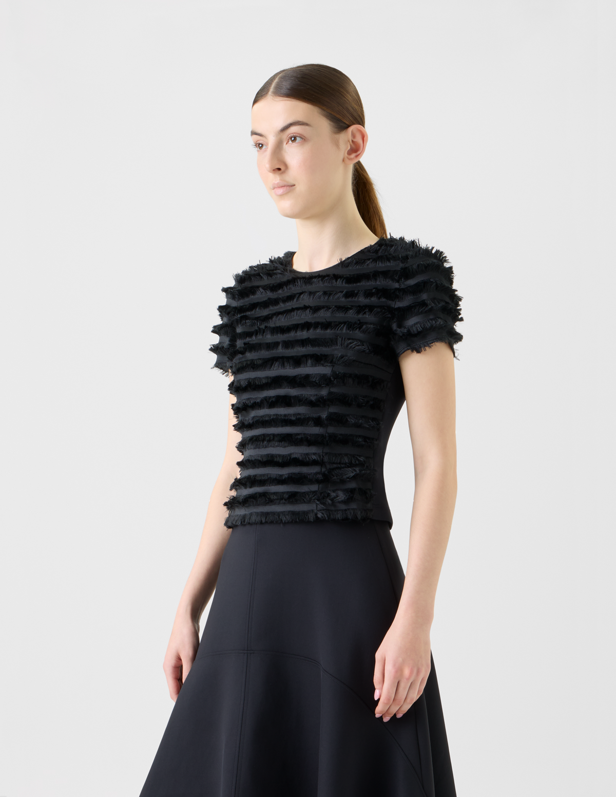 Designer Fitted Short Sleeve Top with Fringe Stripes - black - neutral #editorial