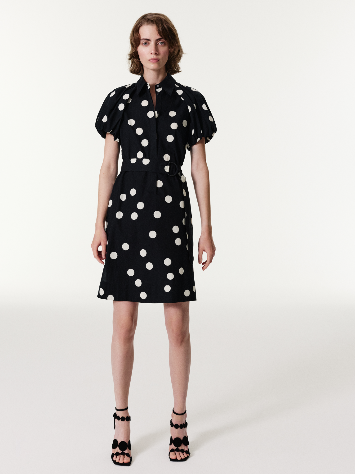 Designer Polka Dot Cotton Shirt Dress with Puff Sleeves - black 