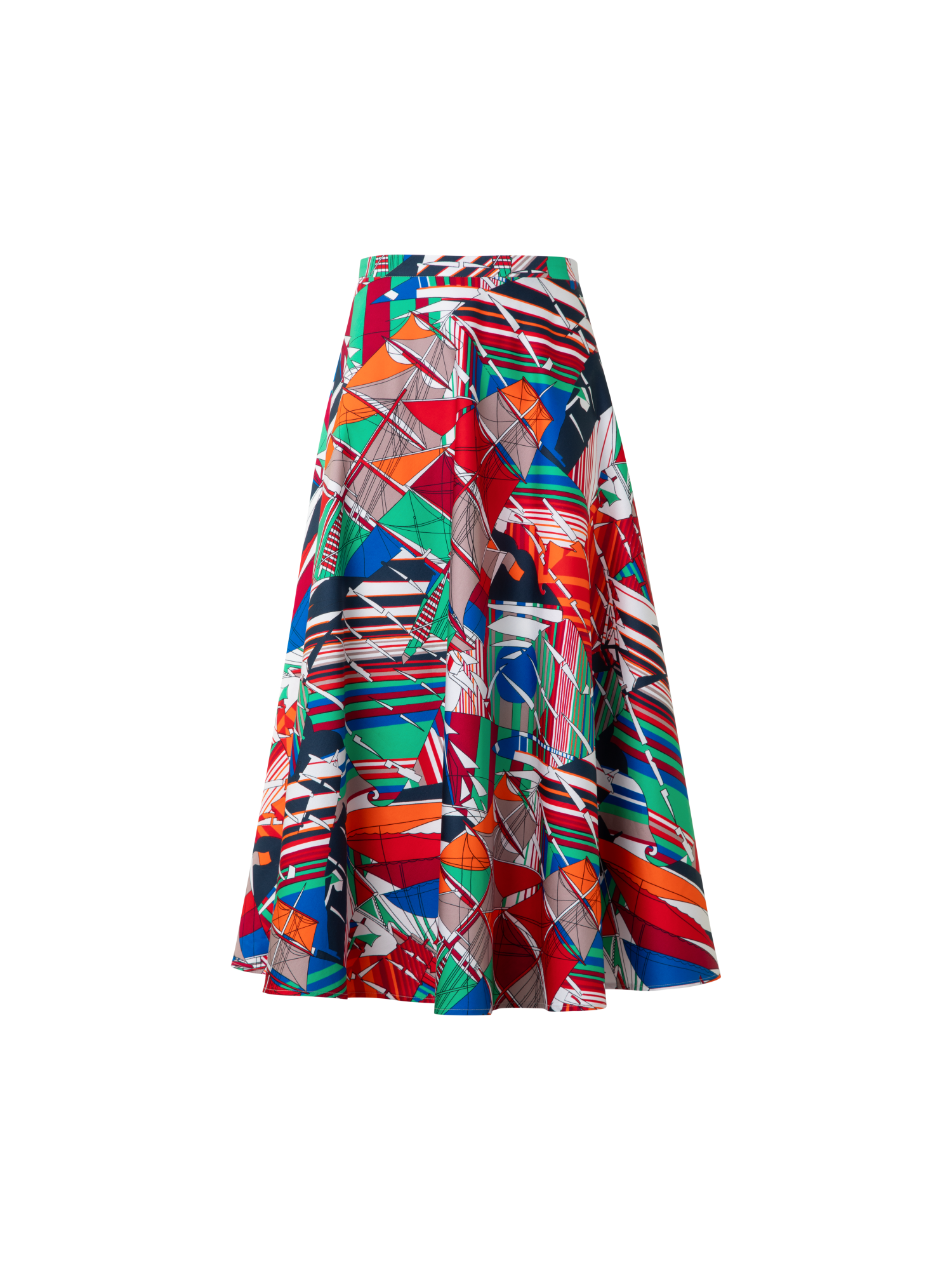 Designer Flared Cotton Midi Skirt with Sea Clipper Print - multicolor