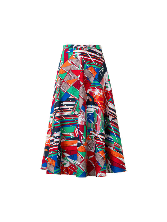 Designer Flared Cotton Midi Skirt with Sea Clipper Print - multicolor