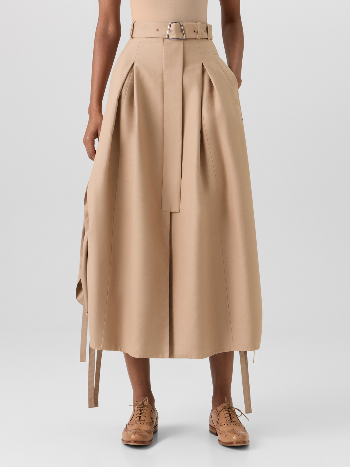 Designer Flared Cotton Double-Face Midi Skirt - beige #editorial