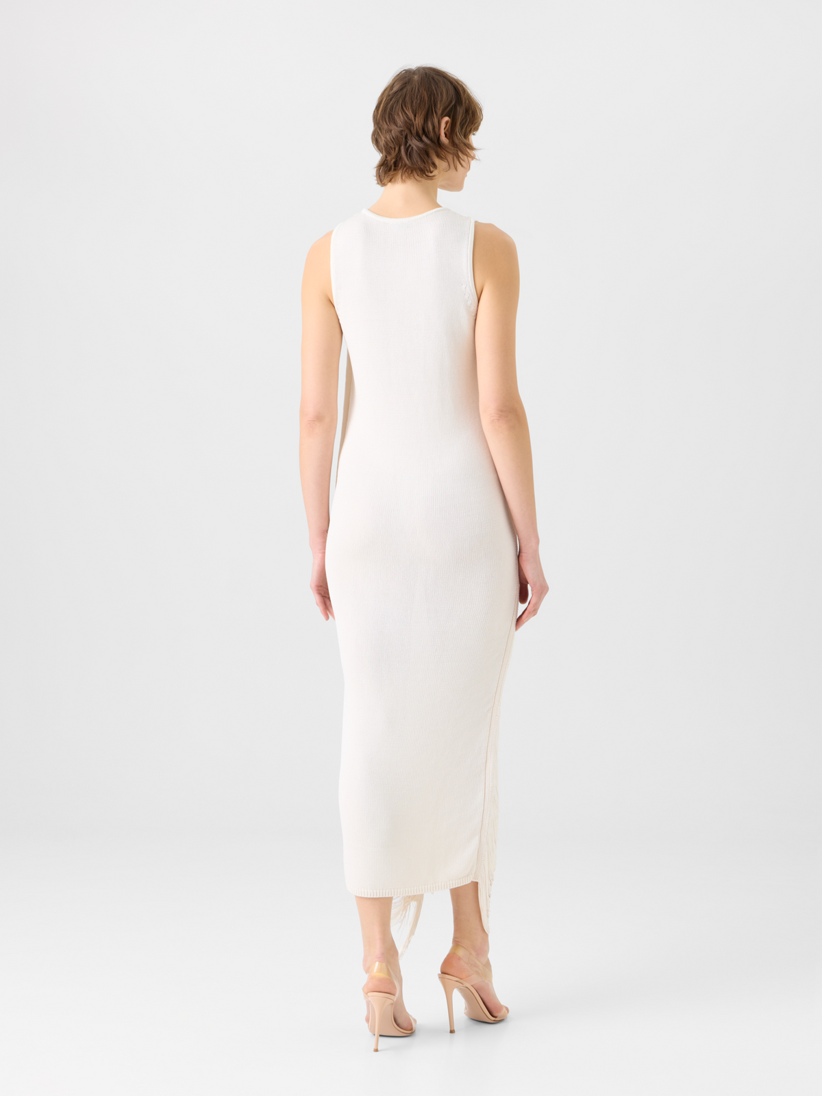 Designer Sleeveless Fringe Drape Maxi Knit Dress in Silk - ecru #editorial