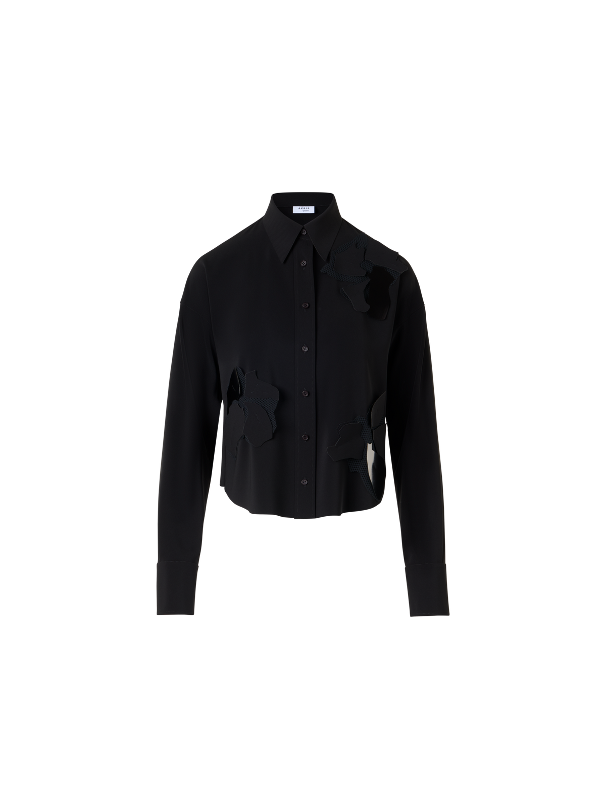 Designer Long-Sleeve Papercut Flower Blouse - black