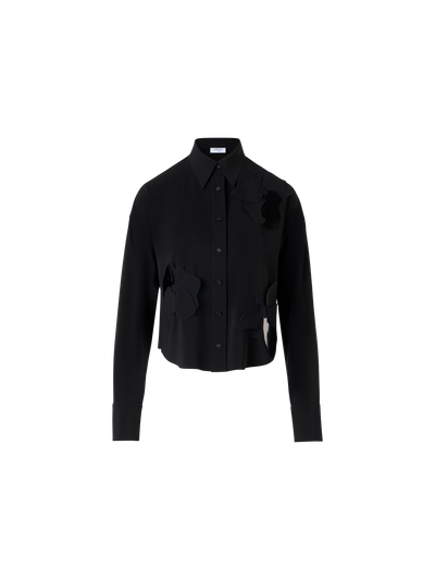 Designer Long-Sleeve Papercut Flower Blouse - black