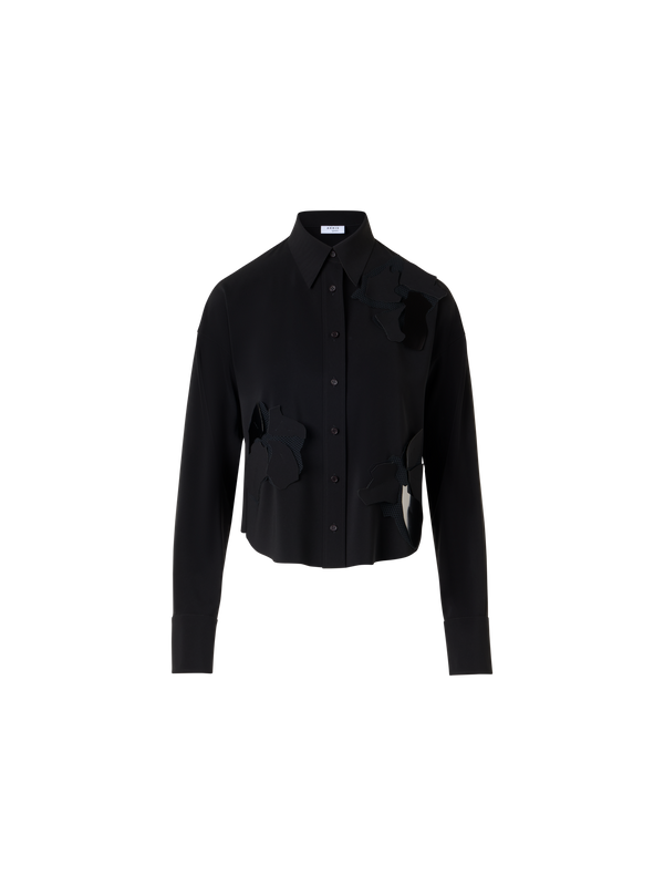 Designer Long-Sleeve Papercut Flower Blouse - black