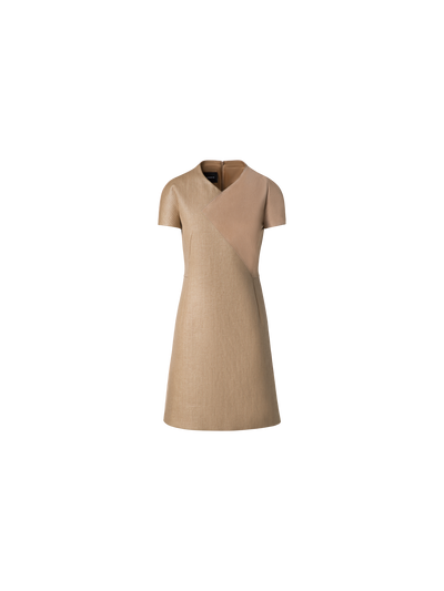Designer Soft Cotton Raffia and Suede Leather Dress - beige