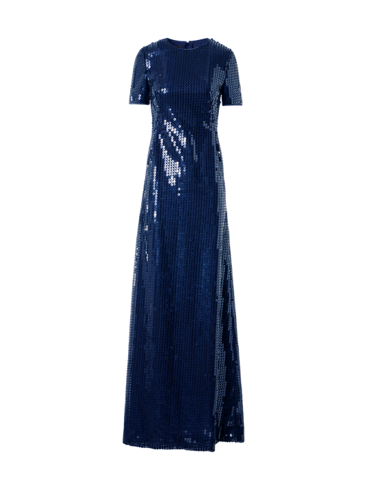 Designer Corded Sequins on Chiffon Evening Gown - navy