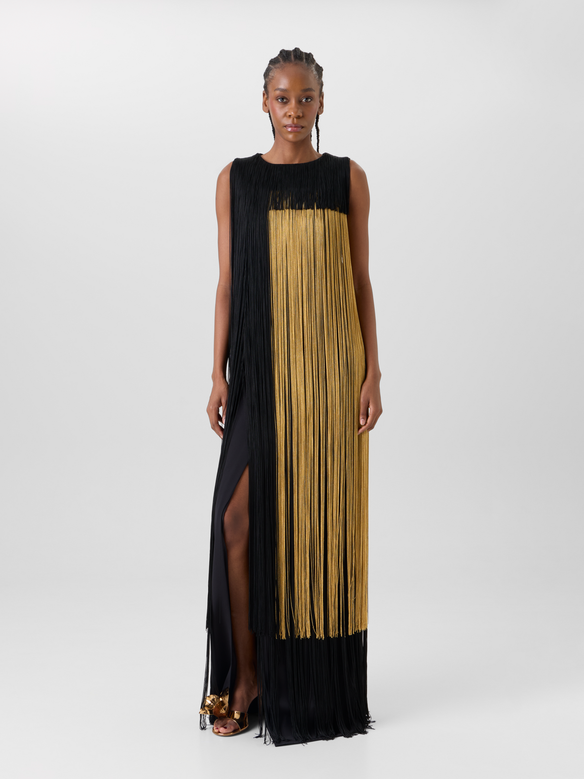 Designer Silk Gown with Oro Lienzo Maxi Fringes - black - multicolor - gold 