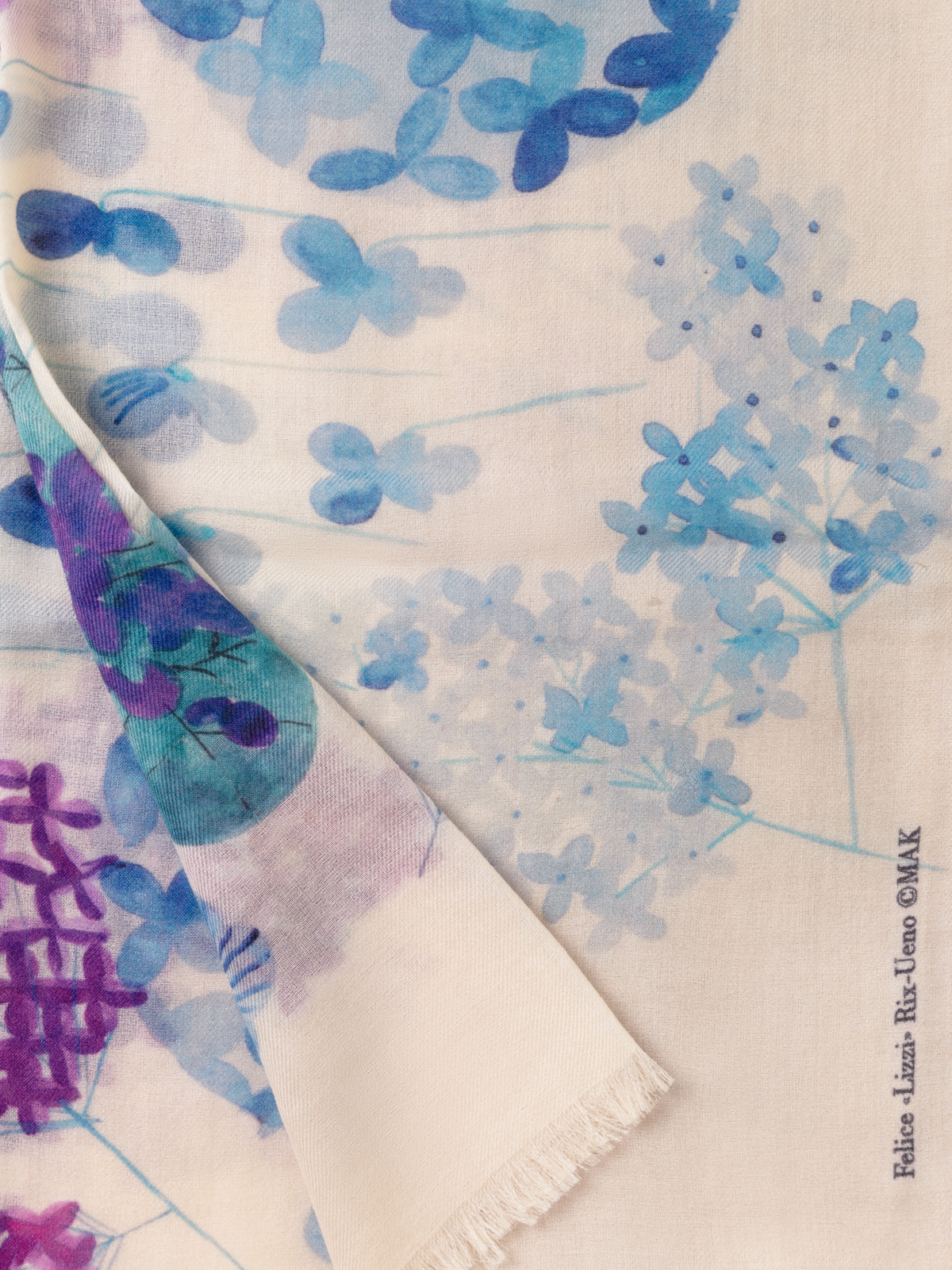 Designer Cashmere Scarf with Denim Blossom Print - blue - multicolor - pink