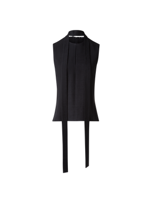Designer Sleeveless Tie Neck Blouse in Linen Blend - black