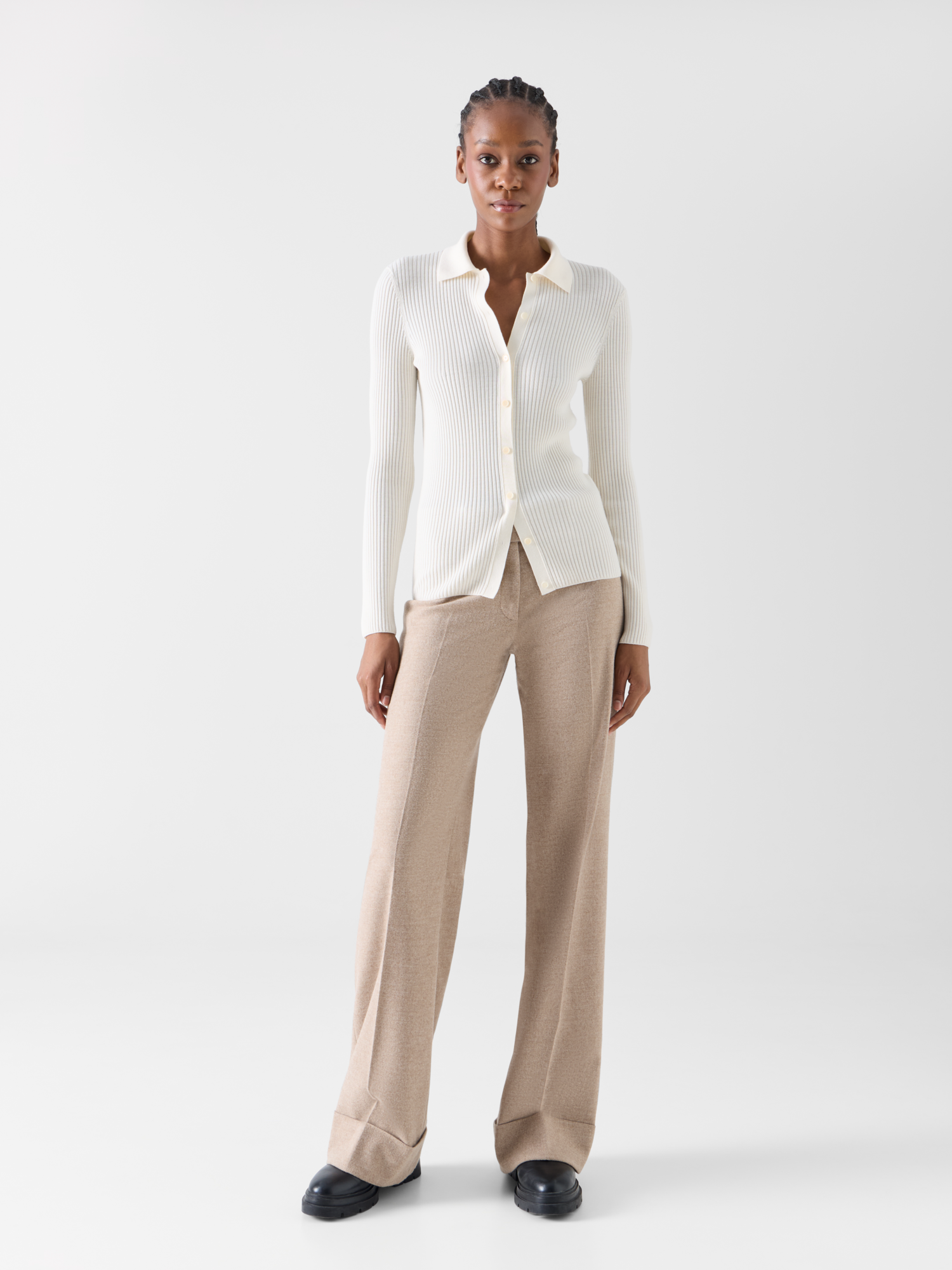 Designer Wide Leg Wool Flannel Pants with High Cuff - beige 