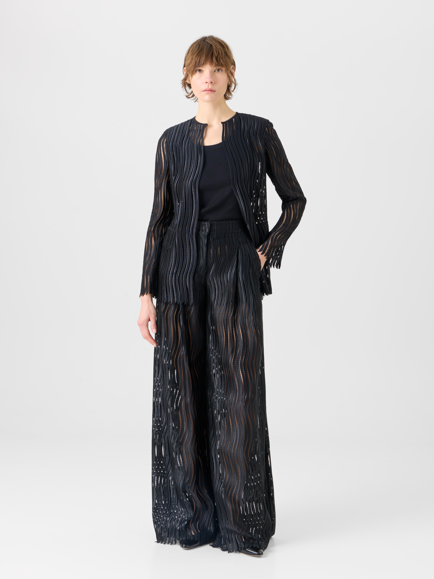 Designer Cassie Wide Pants in Wave Guipure - black