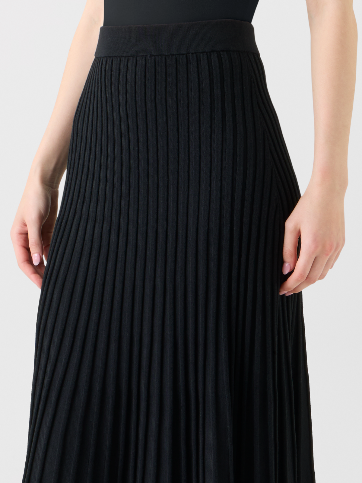 Designer A-Line Merino Wool Rib Knit Pleated Midi Skirt - black - neutral #editorial