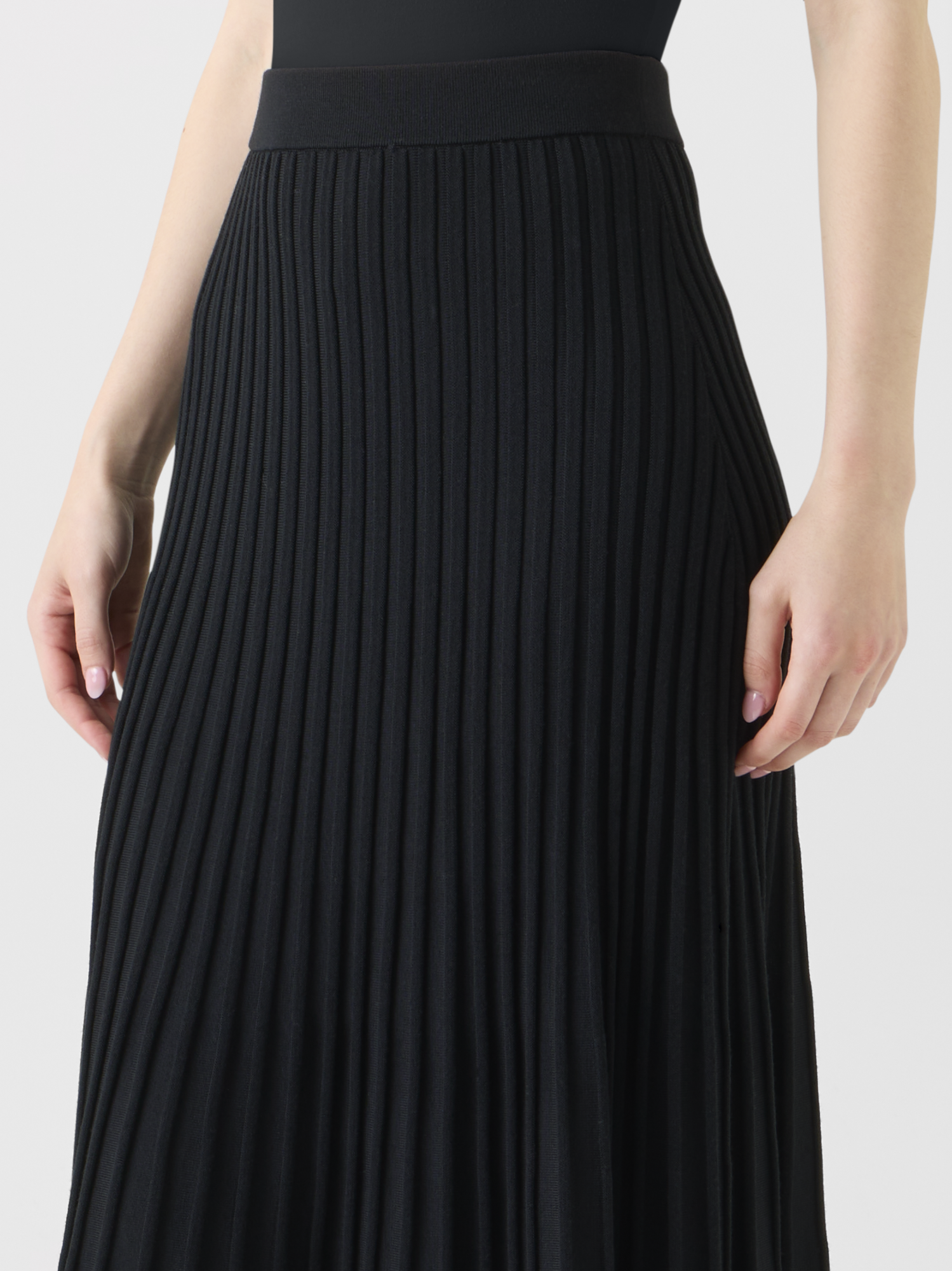 Designer A-Line Merino Wool Rib Knit Pleated Midi Skirt - black - neutral 