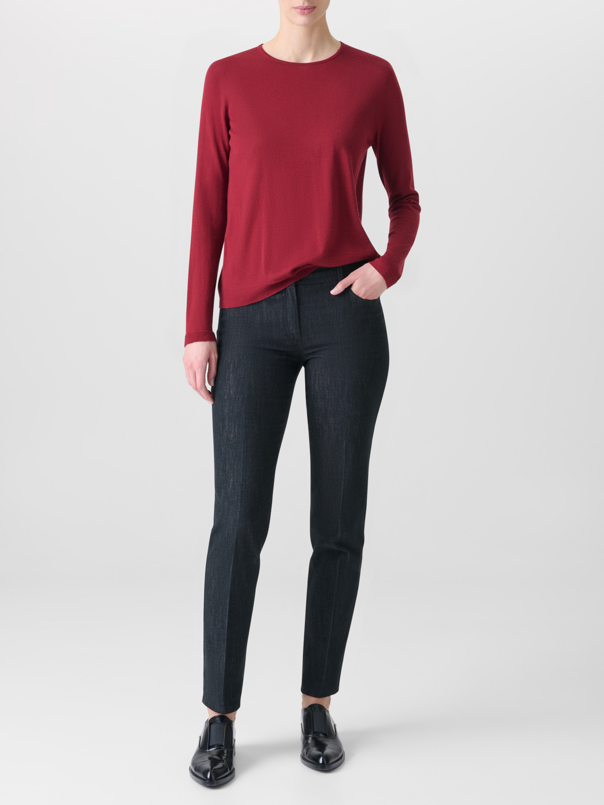 Designer Seamless Crew Neck Sweater in Cashmere Silk - wine - red #editorial
