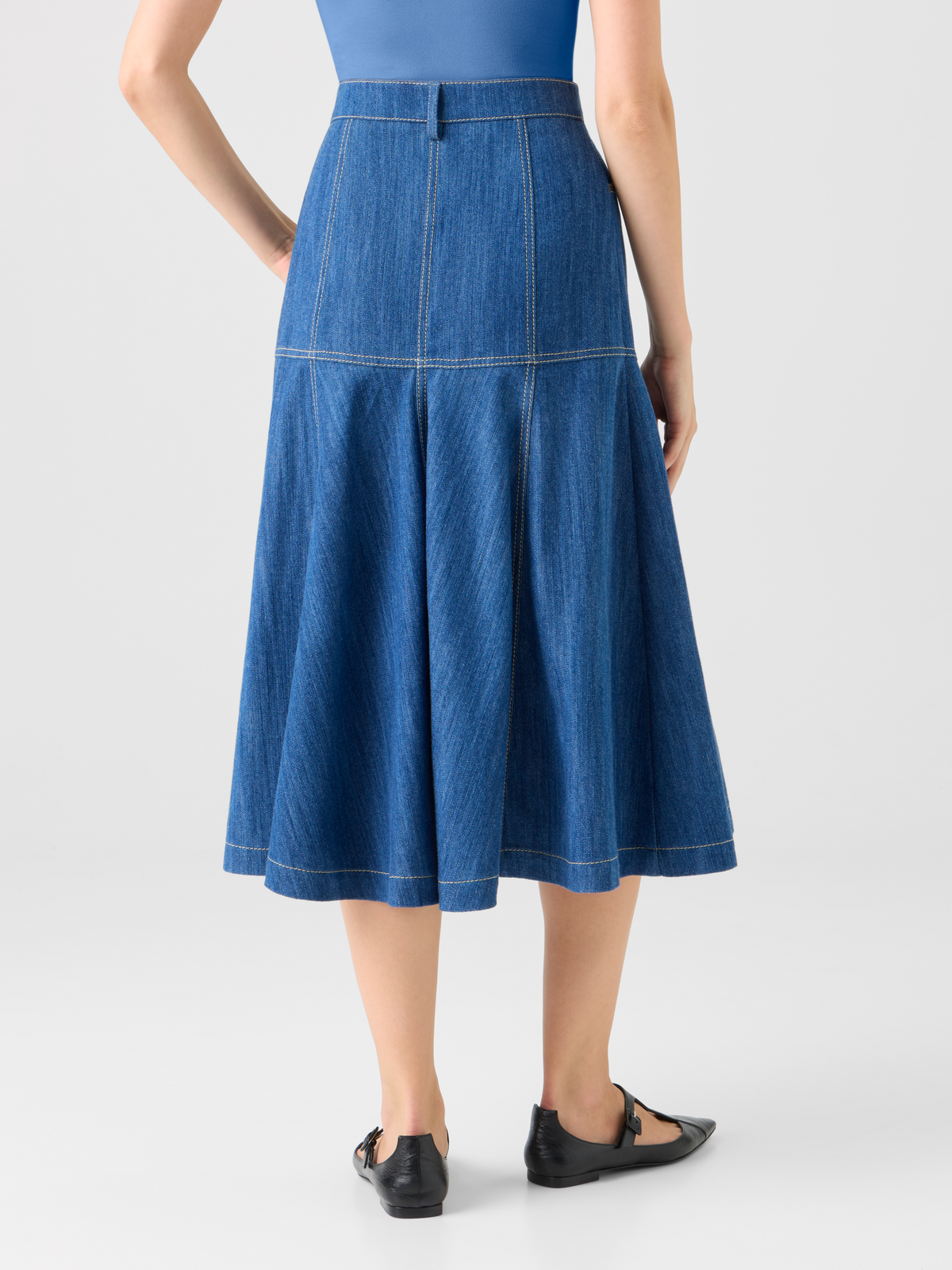 Designer Cotton Denim Midi Skirt with Flared Hem - blue #editorial