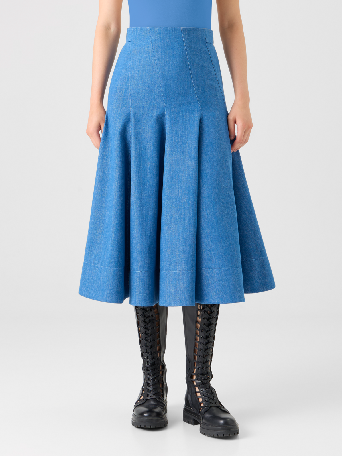 Designer Diagonal Godet Cotton Stretch Denim Midi Skirt - blue #editorial