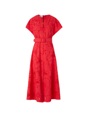 Designer Flower Eyelet Midi Dress - red