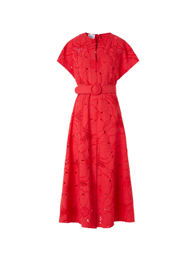 Designer Flower Eyelet Midi Dress - red