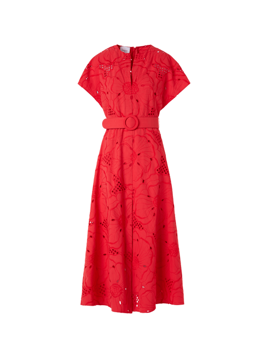 Designer Flower Eyelet Midi Dress - red