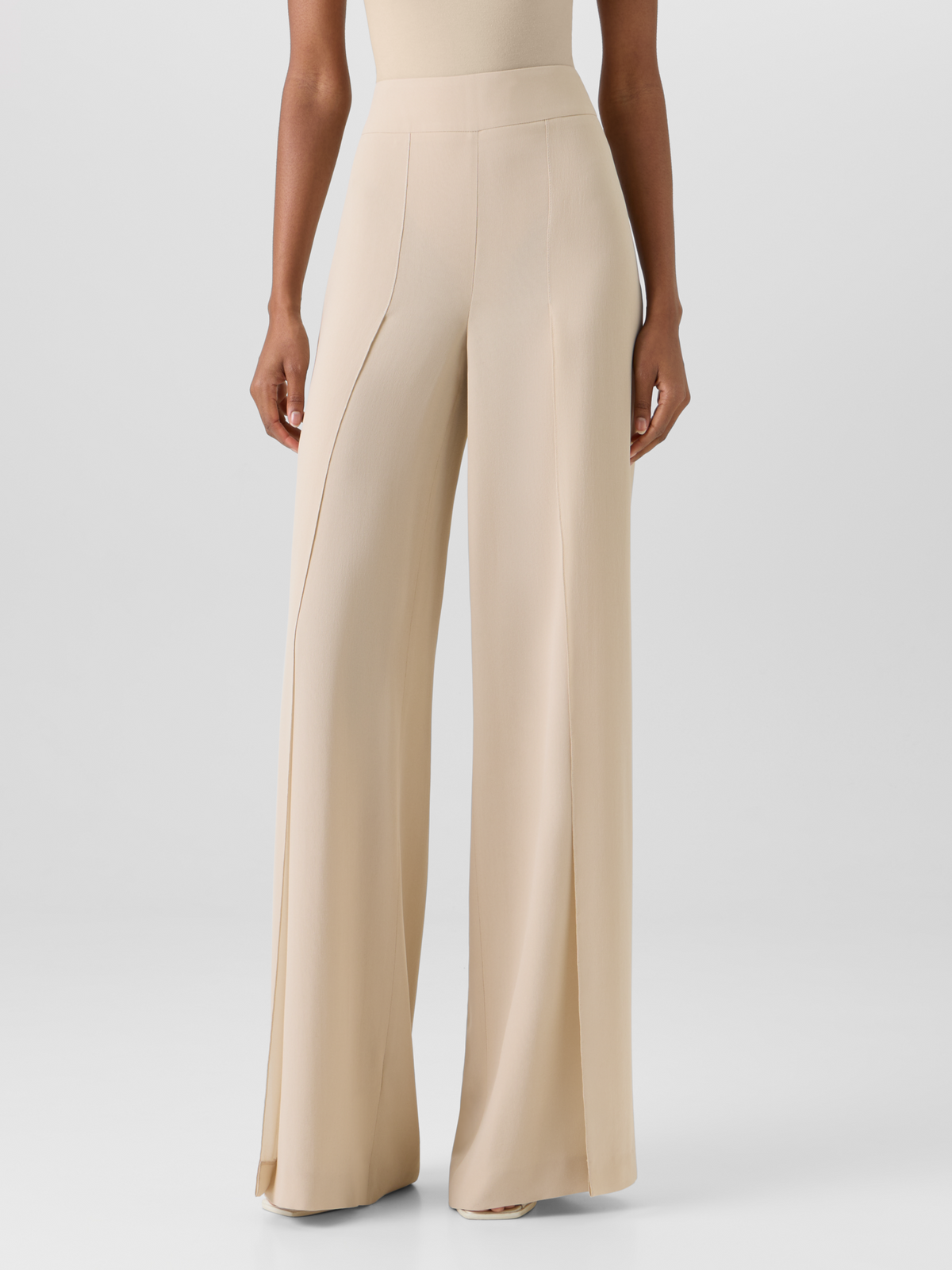 Designer Fellia Wide-Flared-Leg Pants in Silk Georgette - beige #editorial