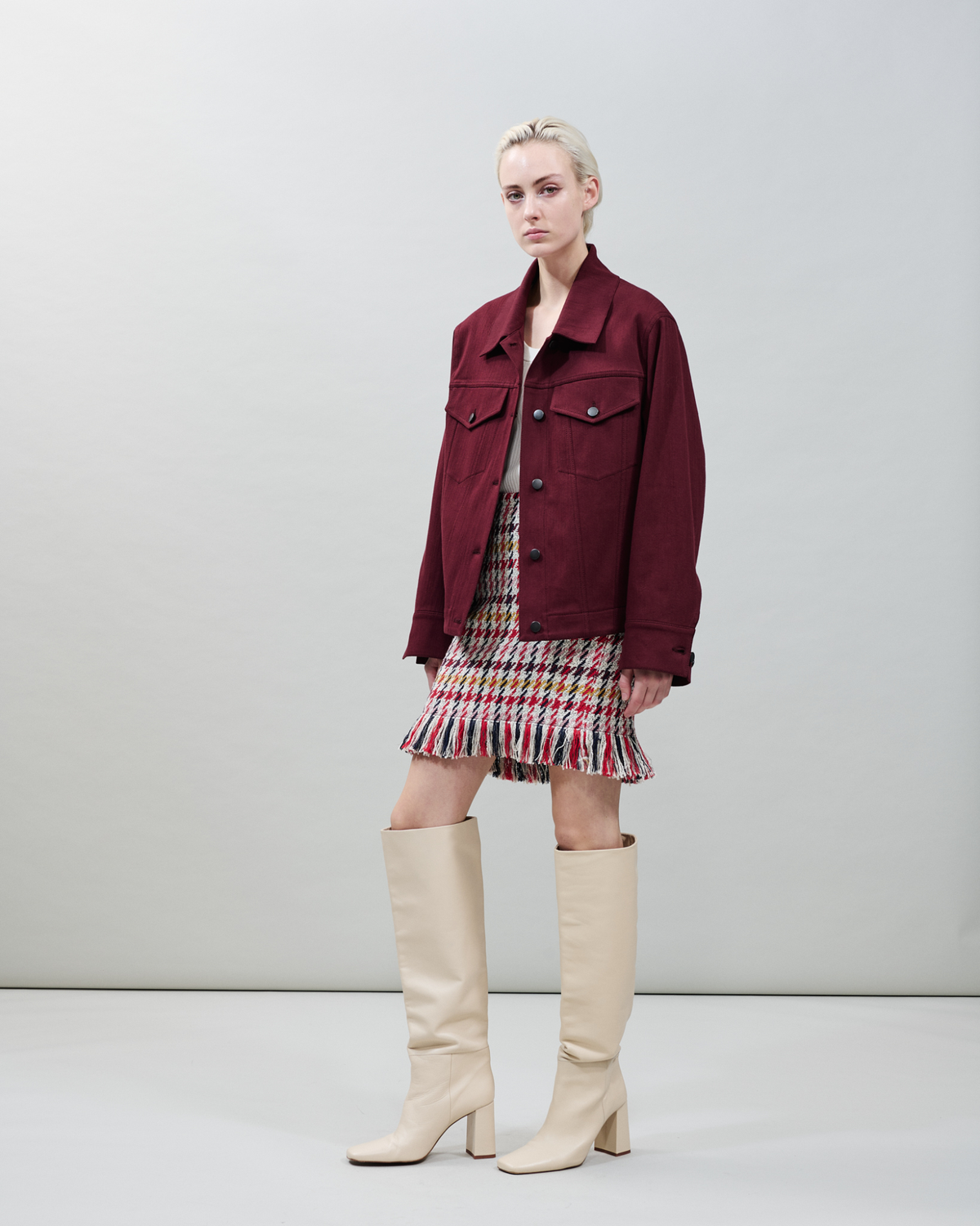 Designer Mini Tweed Skirt in Checked Cotton-Blend - multicolor - red #editorial