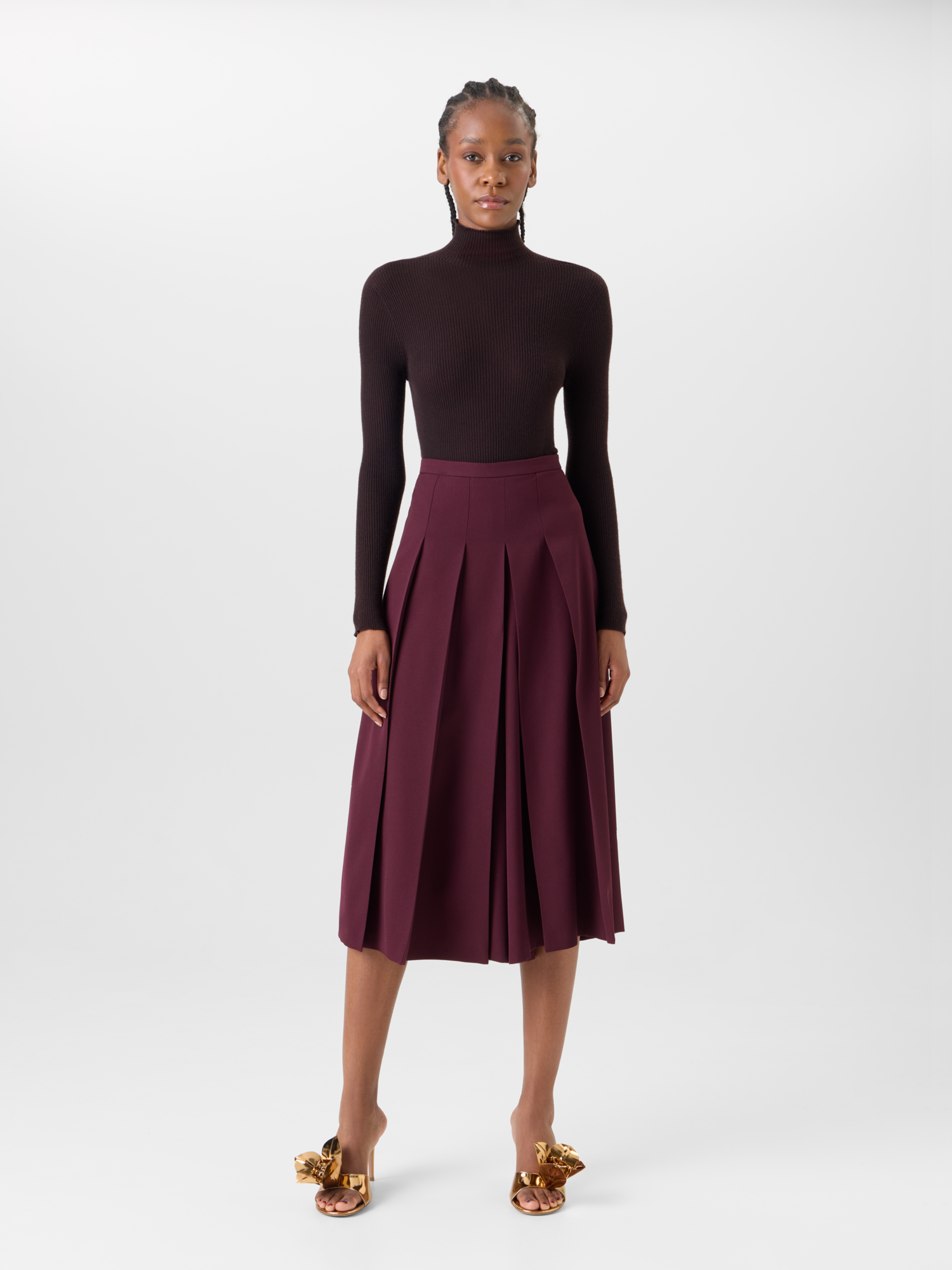 Designer Pleated Midi Skort in Wool Gabardine - red 
