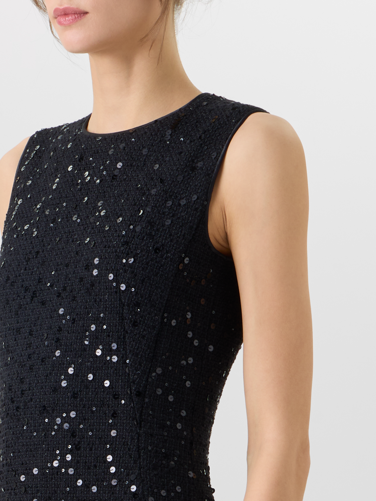 Designer Sleeveless Cotton-Wool Tweed Midi Sheath Dress with Sequins - black 