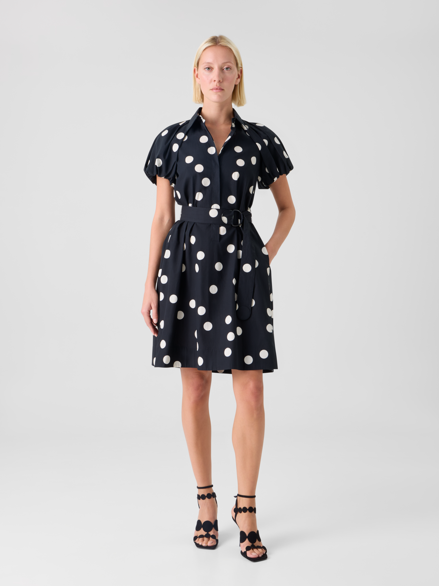 Designer Polka Dot Cotton Shirt Dress with Puff Sleeves - black