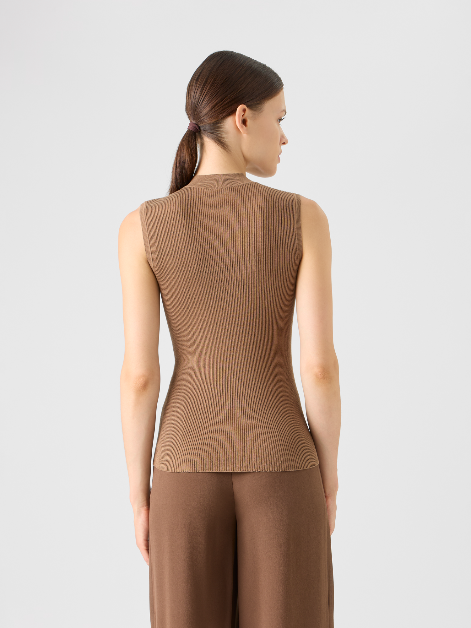 Designer Silk-Cotton Rib Knit Top - brown 