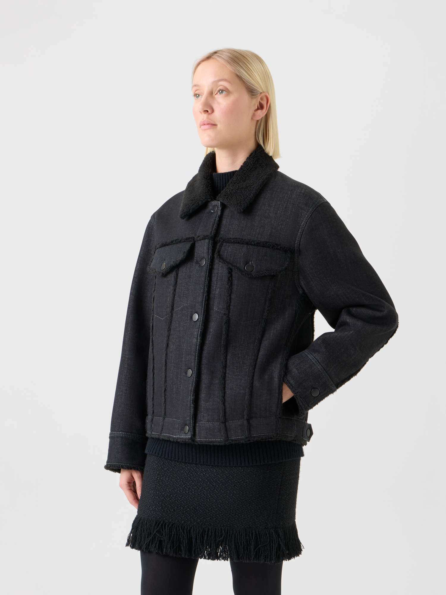 Designer Felted Wool Jacket with Faux Leather Collar - black - neutral 
