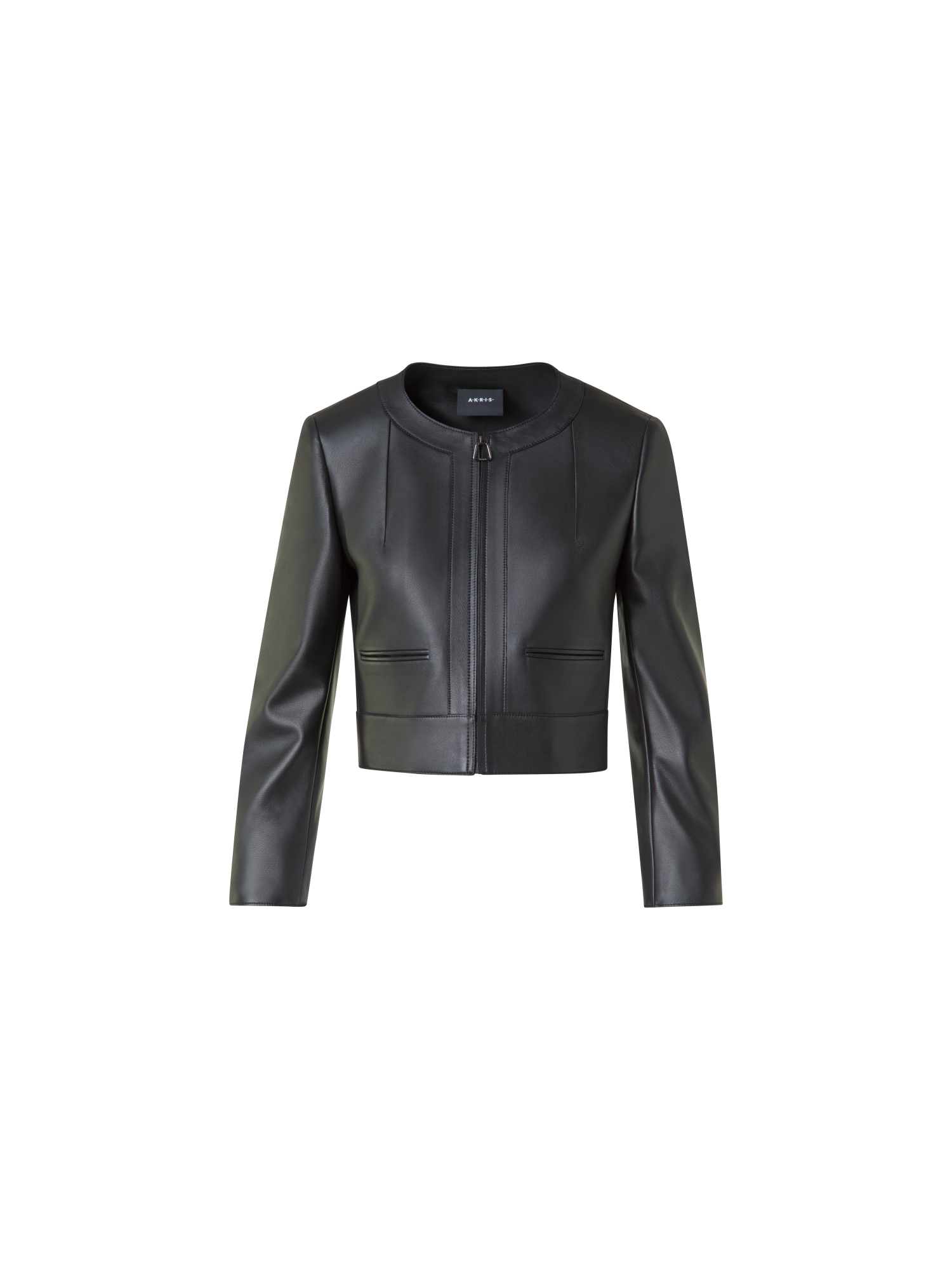 Designer Cropped Leather Jacket with Crew Neck - black - neutral