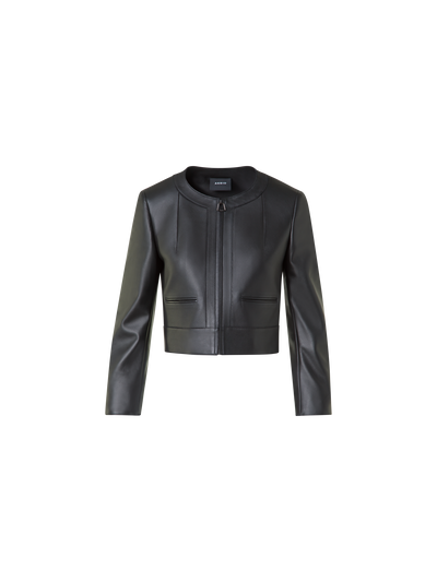 Designer Cropped Leather Jacket with Crew Neck - black - neutral