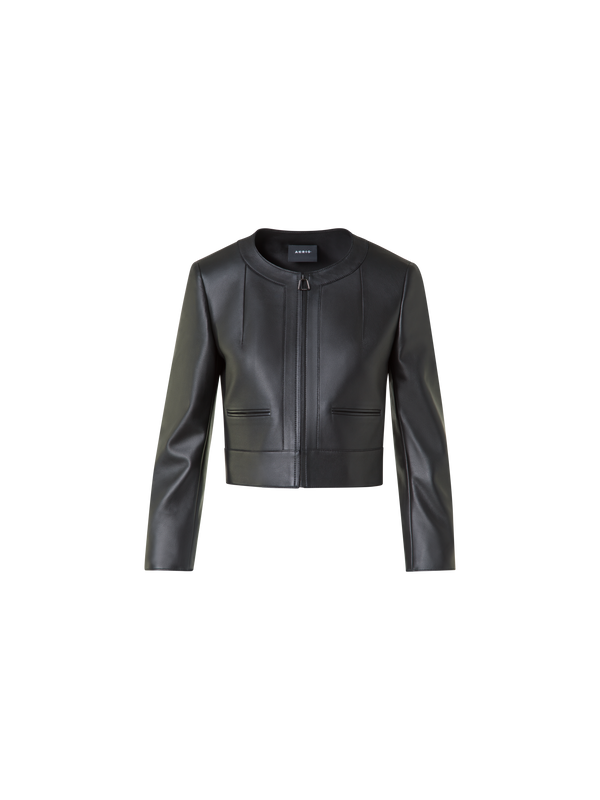 Designer Cropped Leather Jacket with Crew Neck - black - neutral