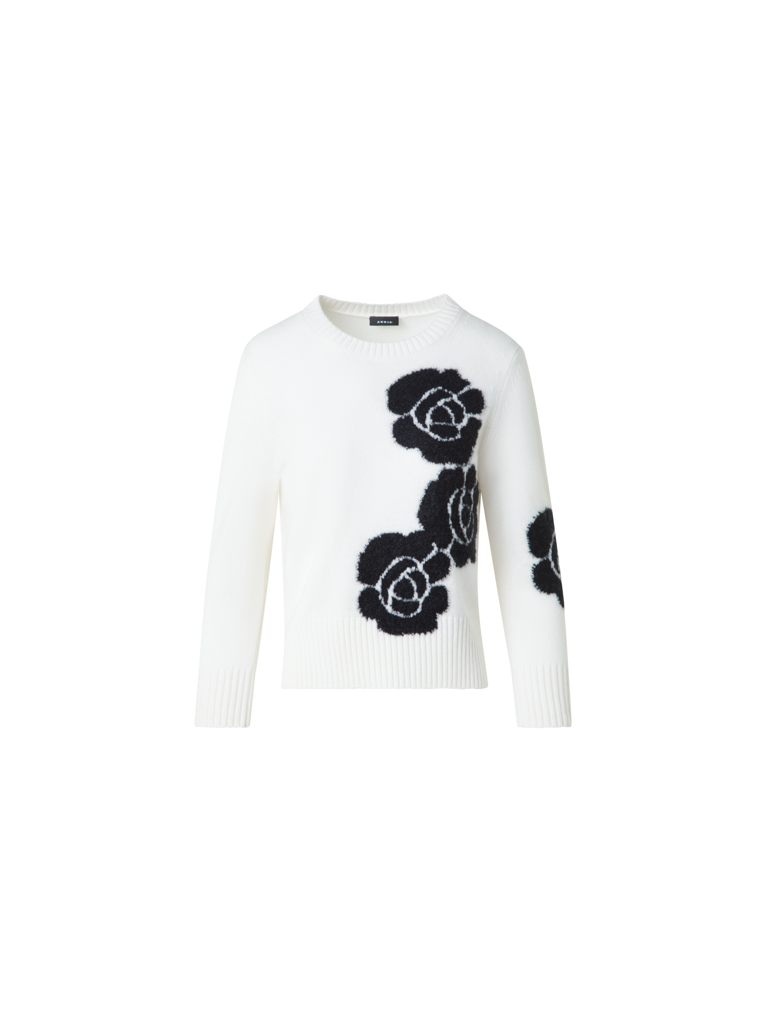 Designer Short Cashmere Sweater with Anemone Intarsia - neutral - multicolor - ecru - white