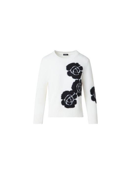 Designer Short Cashmere Sweater with Anemone Intarsia - neutral - multicolor - ecru - white