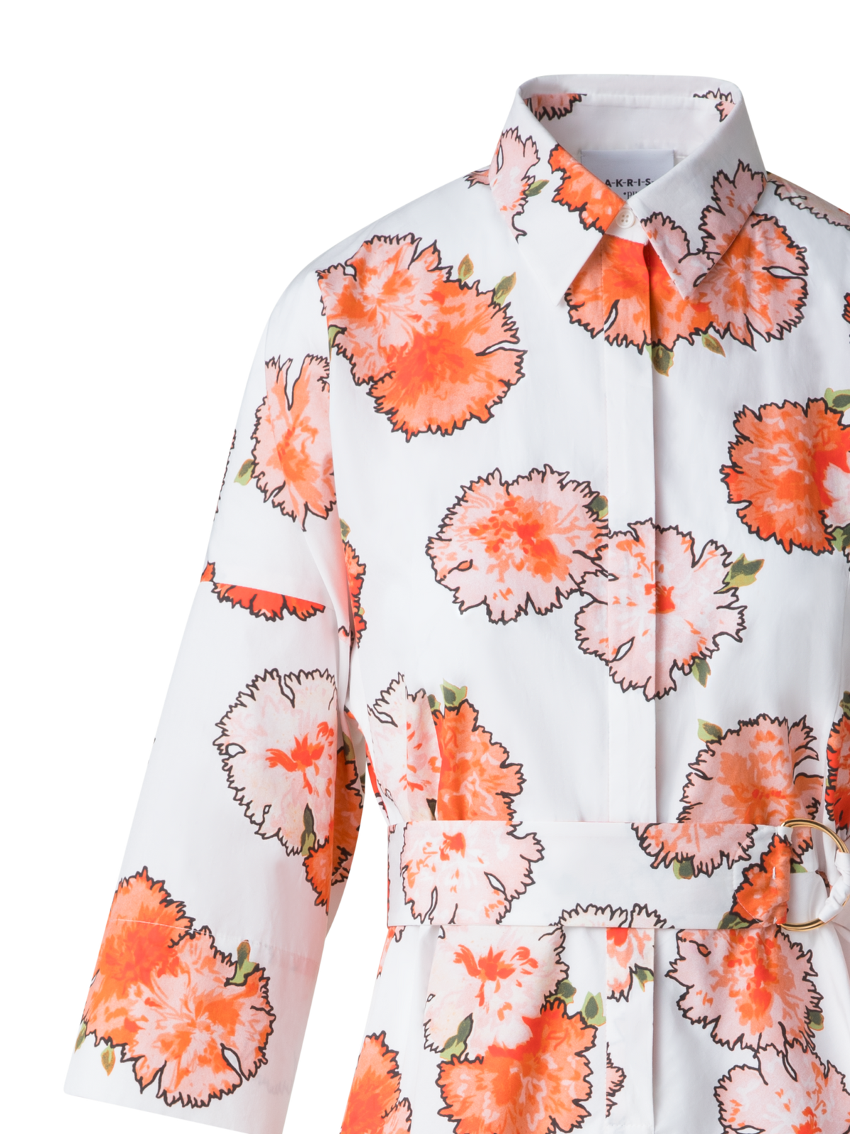 Designer Midi Shirt Dress with Floral Carnation Print - multicolor - orange