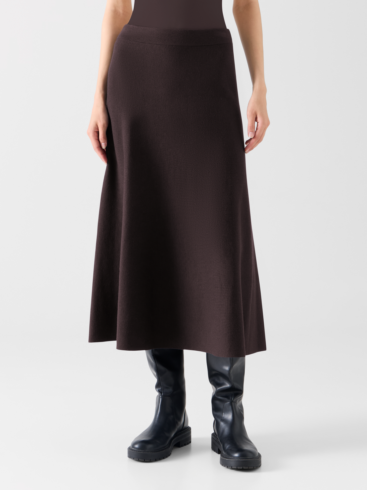 Designer Milano Knit Flared Midi Skirt - brown #editorial