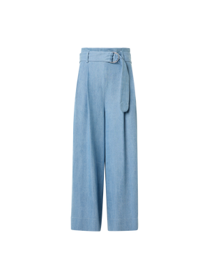 Designer Fiorella Wide Leg Pleated Culotte Denim Pants - blue